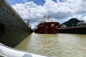 In the Panama canal lock on the Pacific side