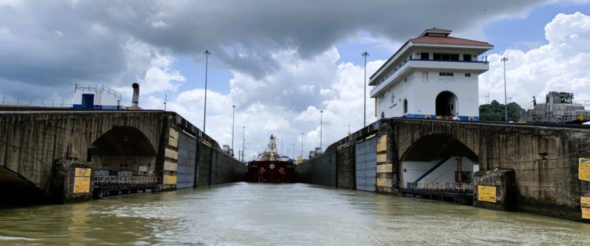 In the Panama canal lock on the Pacific side